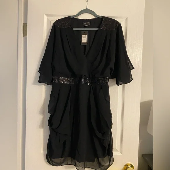 city chic sequin wrap dress CITY CHIC CHI SEQUIN GLOW WRAP FRONT LONG SLEEVE BLACK DRESS sz XXL /24 W